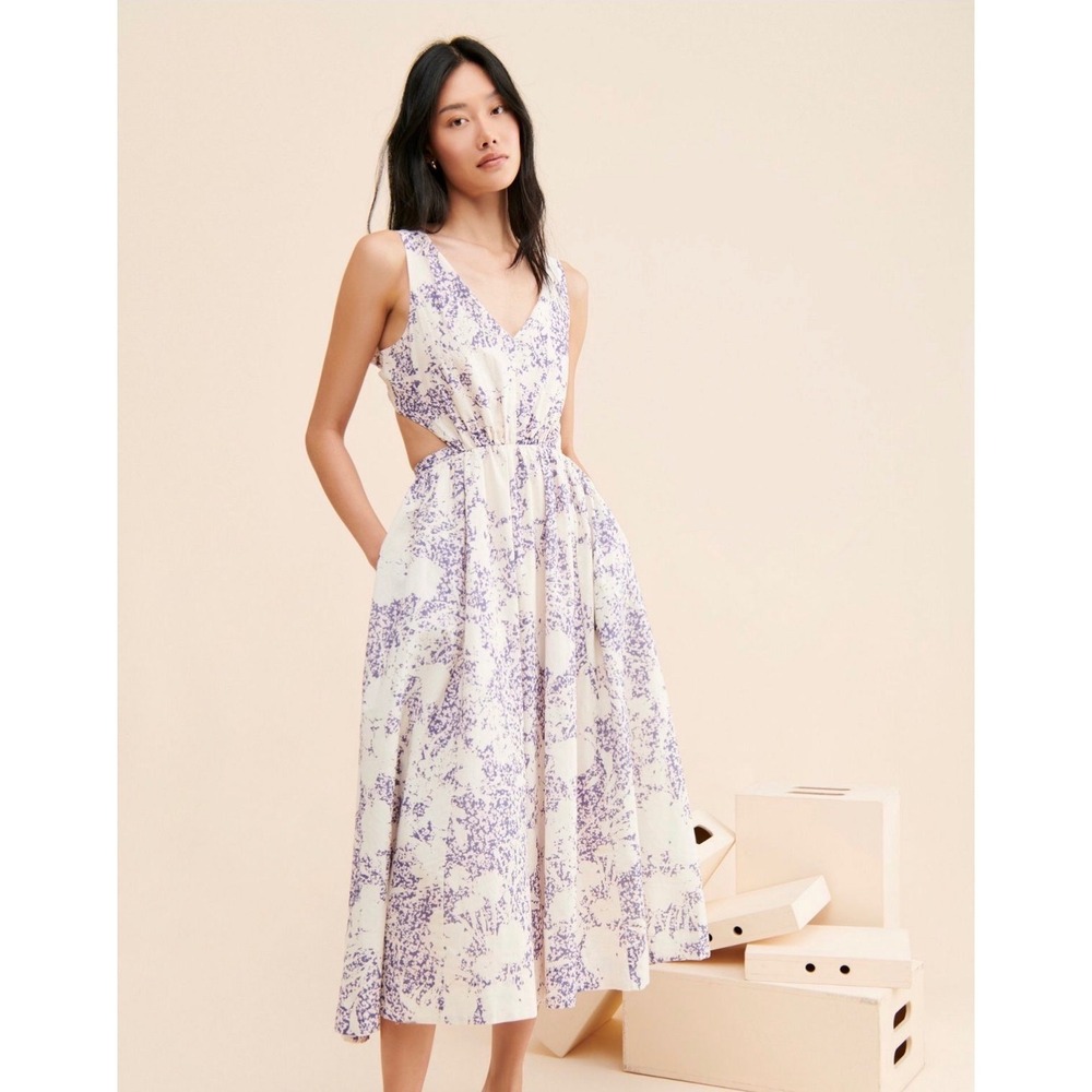 Aureta Anthropologie Linen Blend Cutout Back Midi Dress Purple White Floral M